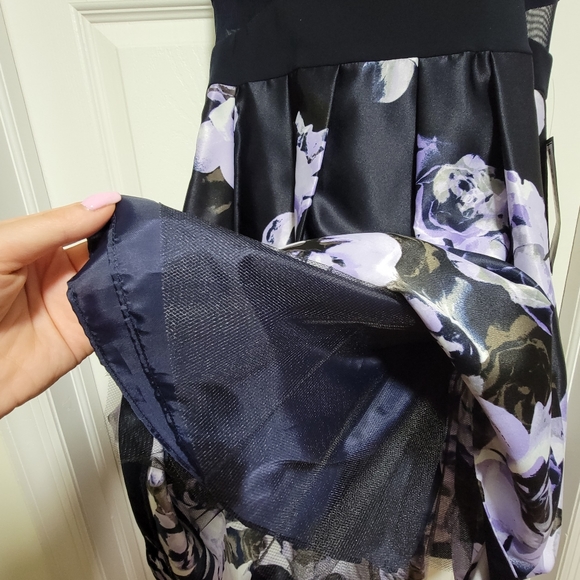 XSCAPE Off-The-Shoulder Floral Skirt Dark Blue and Purple High Low Dress sz 10 - Picture 10 of 11